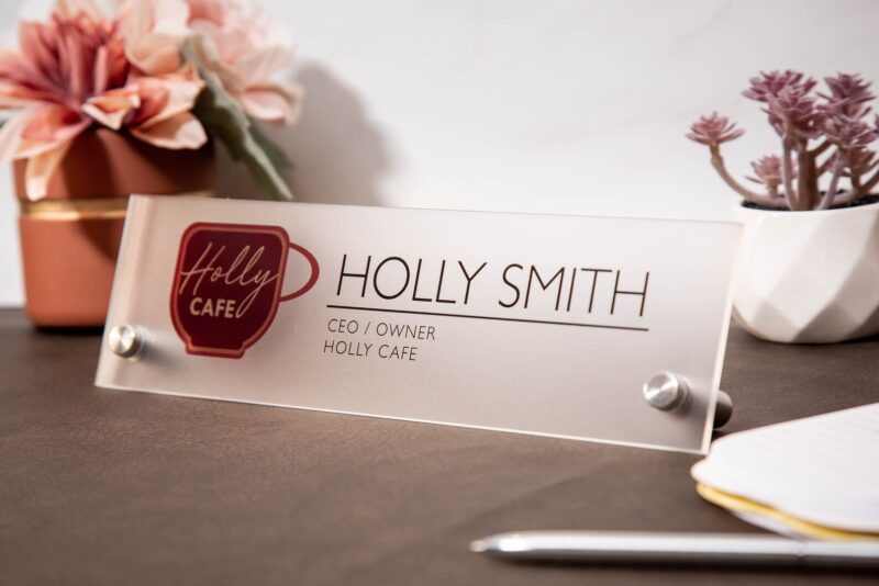 Frosted Standing Name Plate w/ Logo - 10x2.75" Clear Executive Desk Name Sign with Business Logo, Promotion Gift for Coworker or Boss