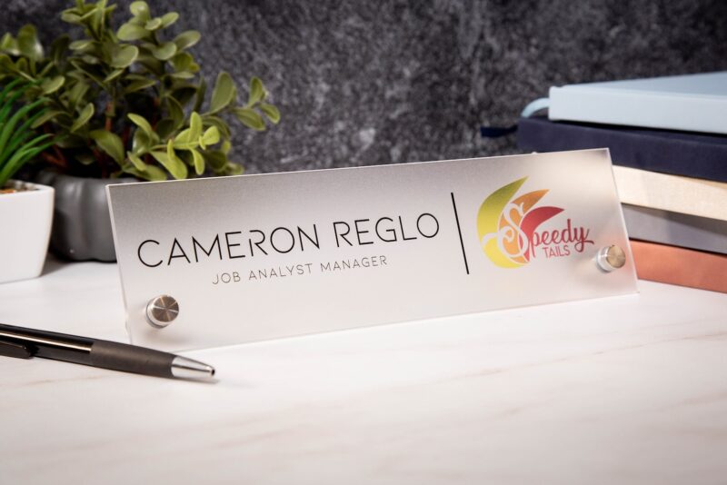 Frosted Standing Name Plate w/ Logo - 10x2.75" Clear Executive Desk Name Sign with Business Logo, Promotion Gift for Coworker or Boss