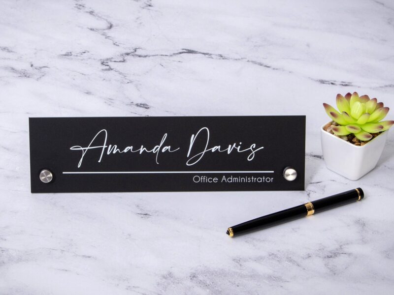 Standing Black Acrylic Name Plate -10x2.75" Executive Desk CEO Sign, New Job Office Decor, Graduation or Promotion Gift, Staff Company gift