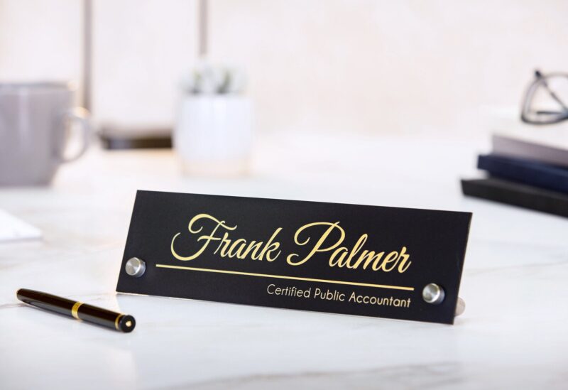 Standing Black Acrylic Name Plate -10x2.75" Executive Desk CEO Sign, New Job Office Decor, Graduation or Promotion Gift, Staff Company gift