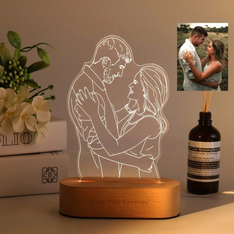Unique Engraved Couple Portrait 3D Lamp - Personalized Night Light - Great Wedding or Valentines Gift